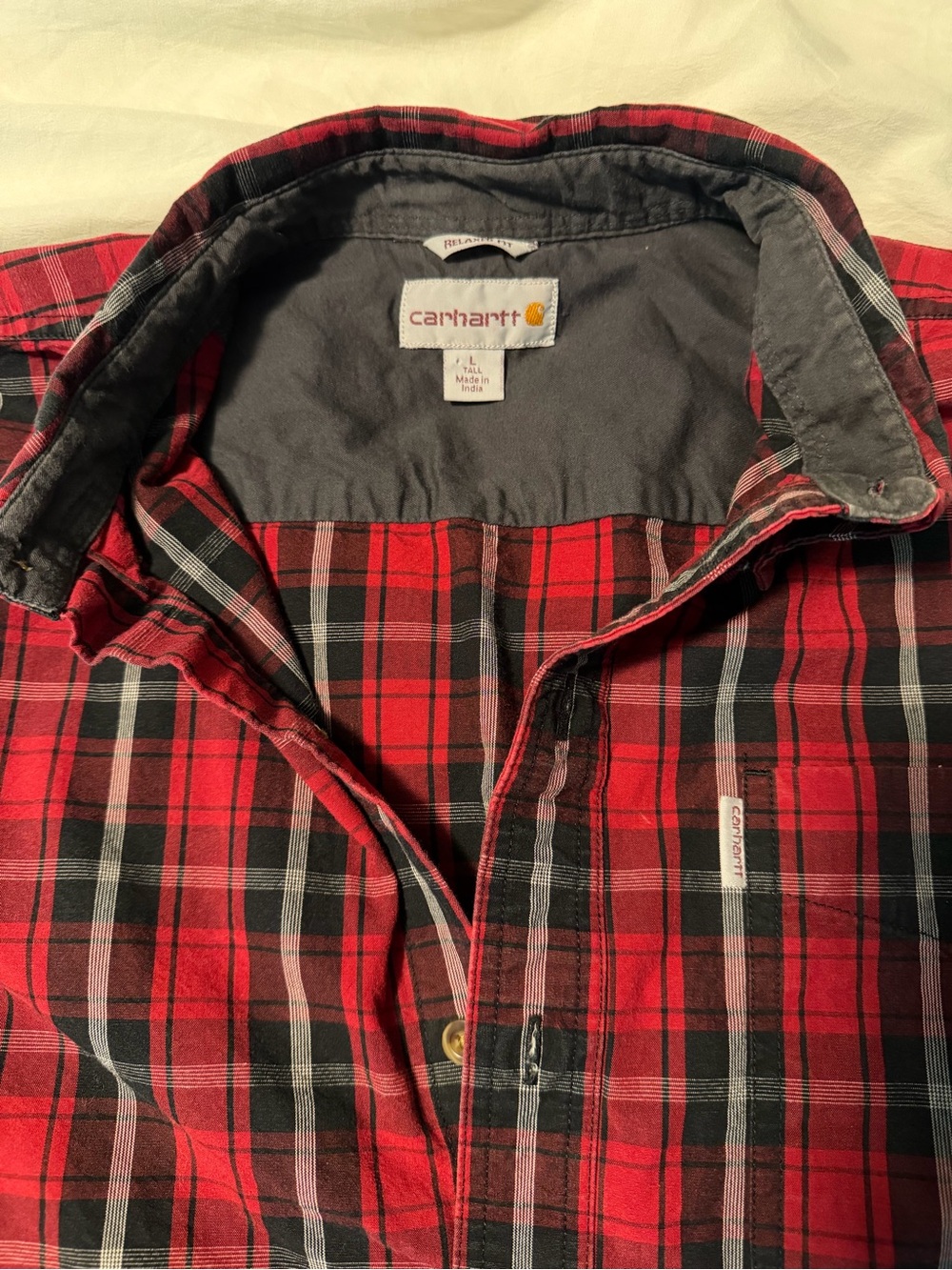 Carhartt Men’s L Tall Plaid Button Up Shirt Relaxed Fit Red Black